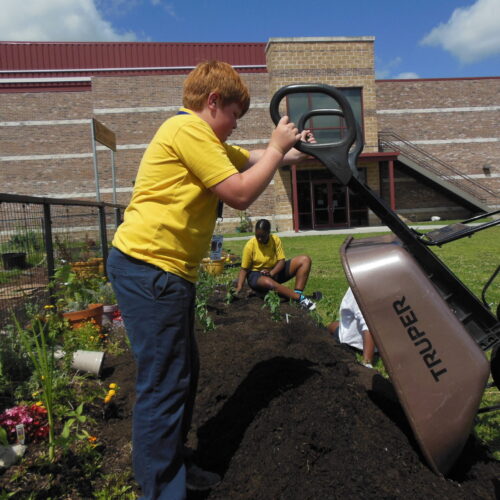 Students planting and tending to a raised school garden bed with herbs and vegetables