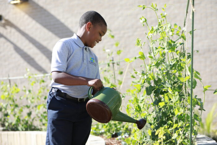 Student watering crops in an Emeril Lagasse Foundation culinary garden and learning life skills.